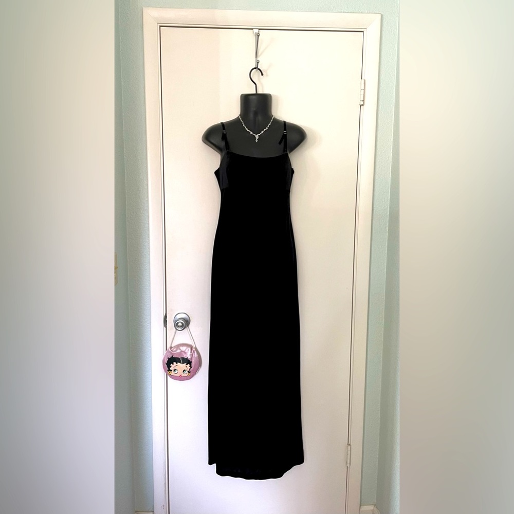 long velvety formal dress with back slit, gently used, necklace not included
